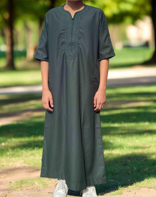 Green Matte With Green Embroidery Moroccan Thobe Kids