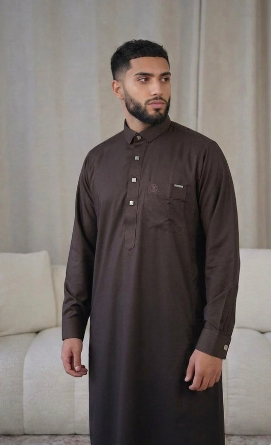 Brown Hannawi Thobe with Buttons by QAMAR