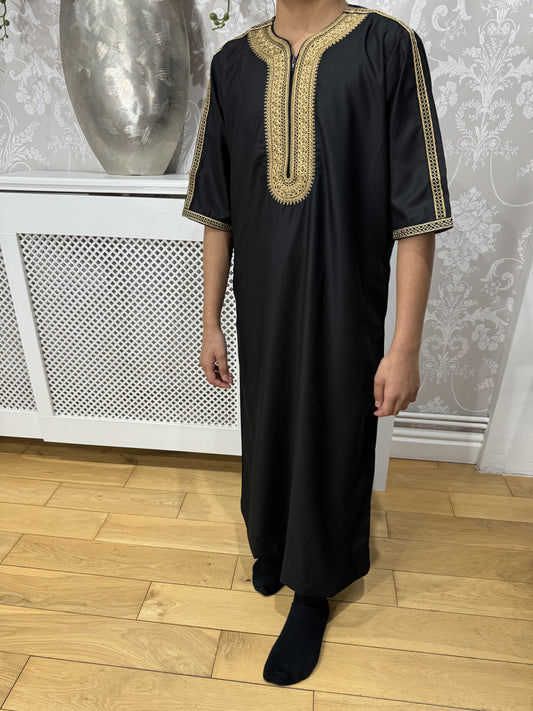 Black Matte With Gold Embroidery Moroccan Thobe