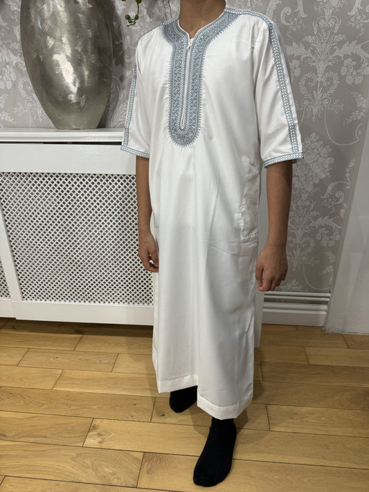 White Matte With Grey Embroidery Moroccan Thobe
