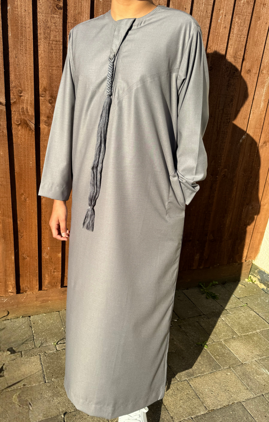 Grey Matte Omani Thobe With Tassel for Kids