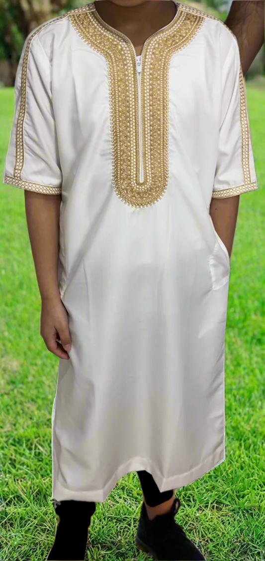 White Matte With Gold Embroidery Moroccan Thobe