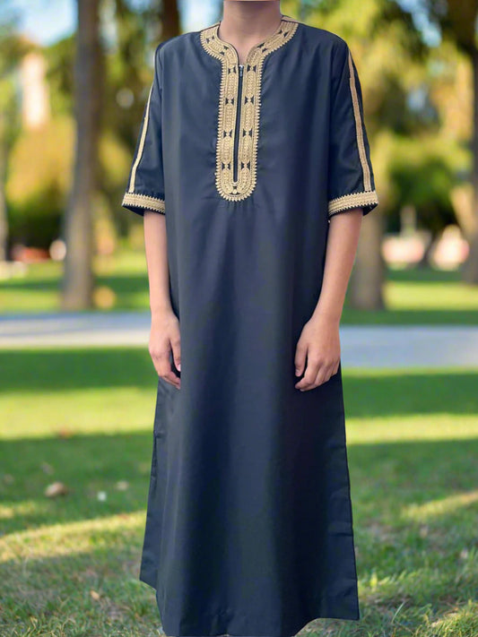 Black Matte With Gold Embroidery Moroccan Thobe