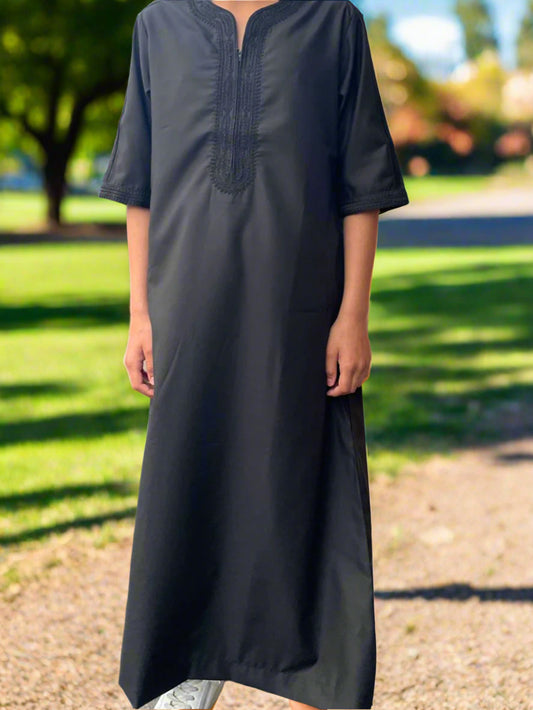 Black Matte With Black Embroidery Moroccan Thobe