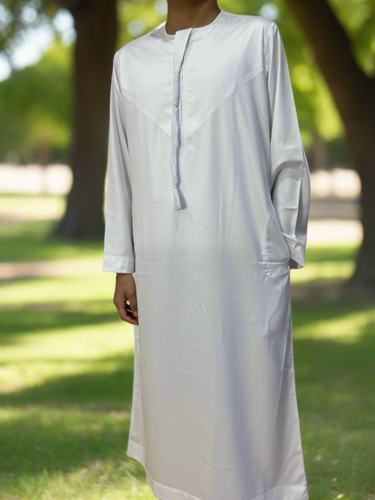 White Silky Omani Thobe with Tassel for Kids