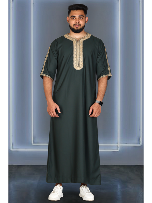 Green Matte With Gold Embroidery Moroccan Thobe