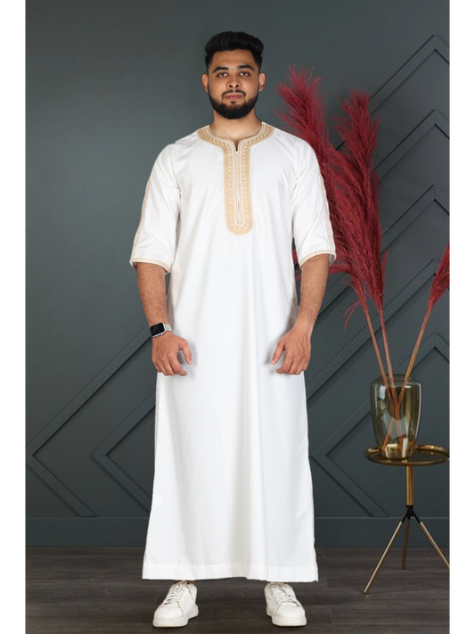 White Matte With Gold Embroidery Moroccan Thobe