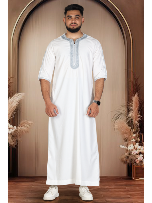 White Matte With Grey Embroidery Moroccan Thobe